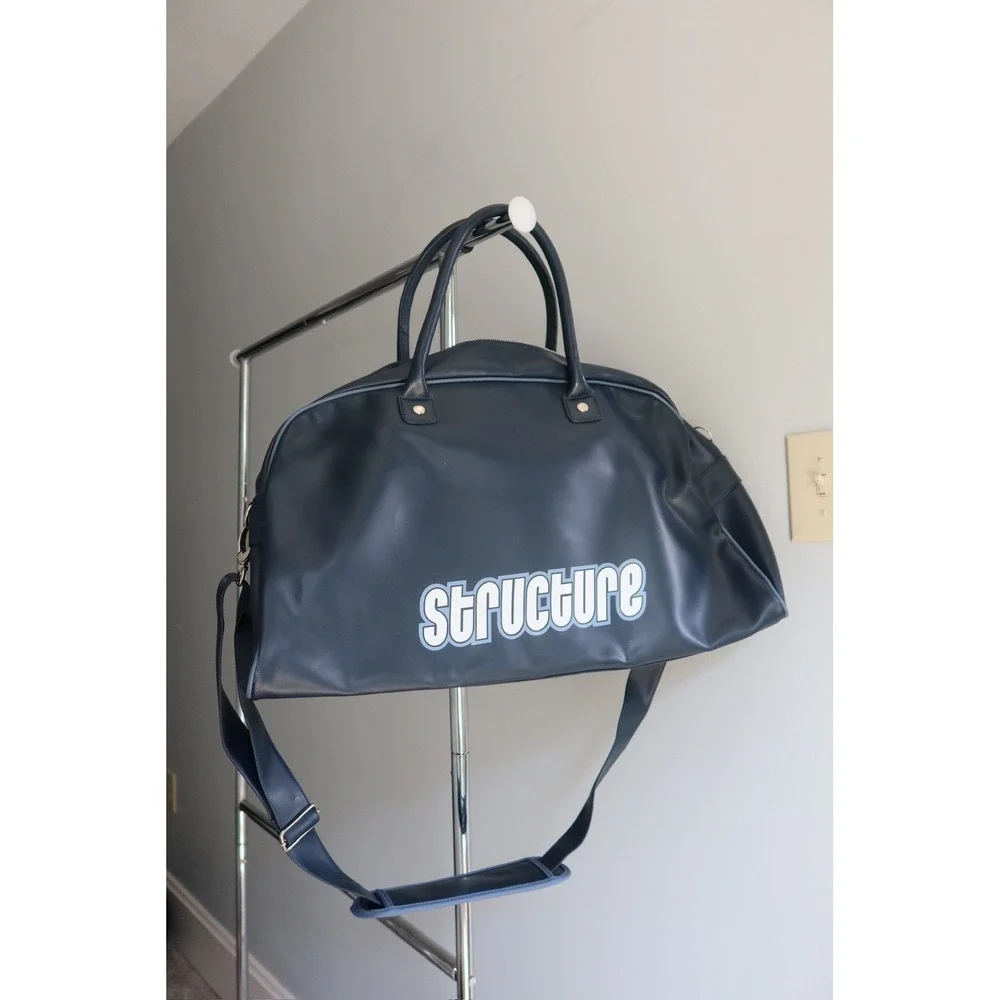 Vintage‎ Structure Blue Faux Leather Duffel Weekender Overnight Travel Bag